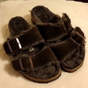 Chocolate brown furry Birkenstock sandals
